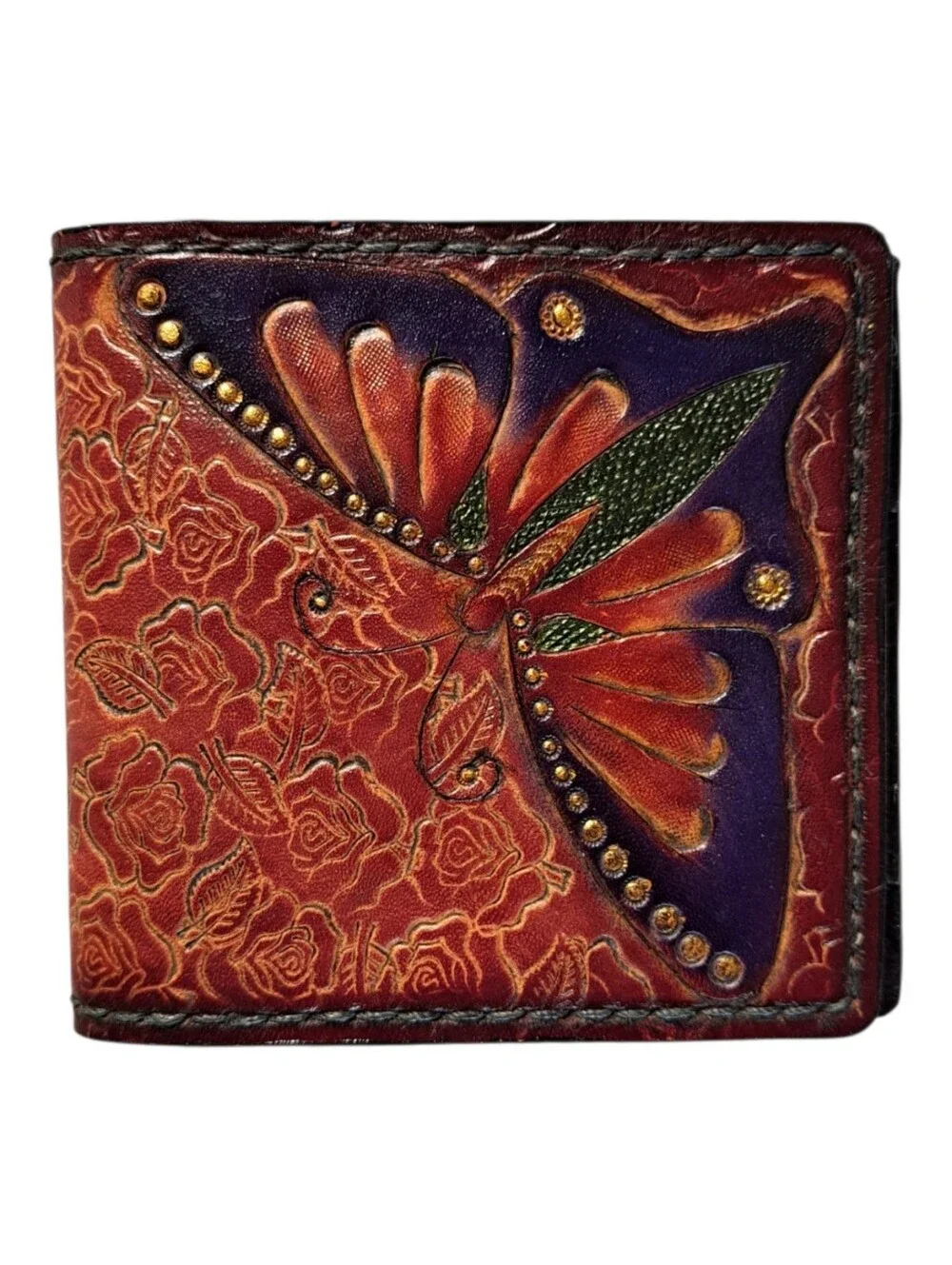 Hand Tooled Leather Butterfly Bifold Wallet